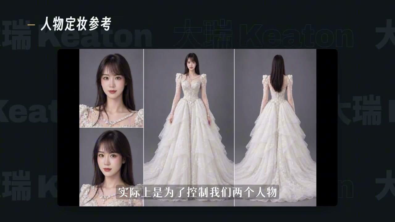 制作分享截图：新娘人物定妆参考，包含面部、正面与背面婚纱