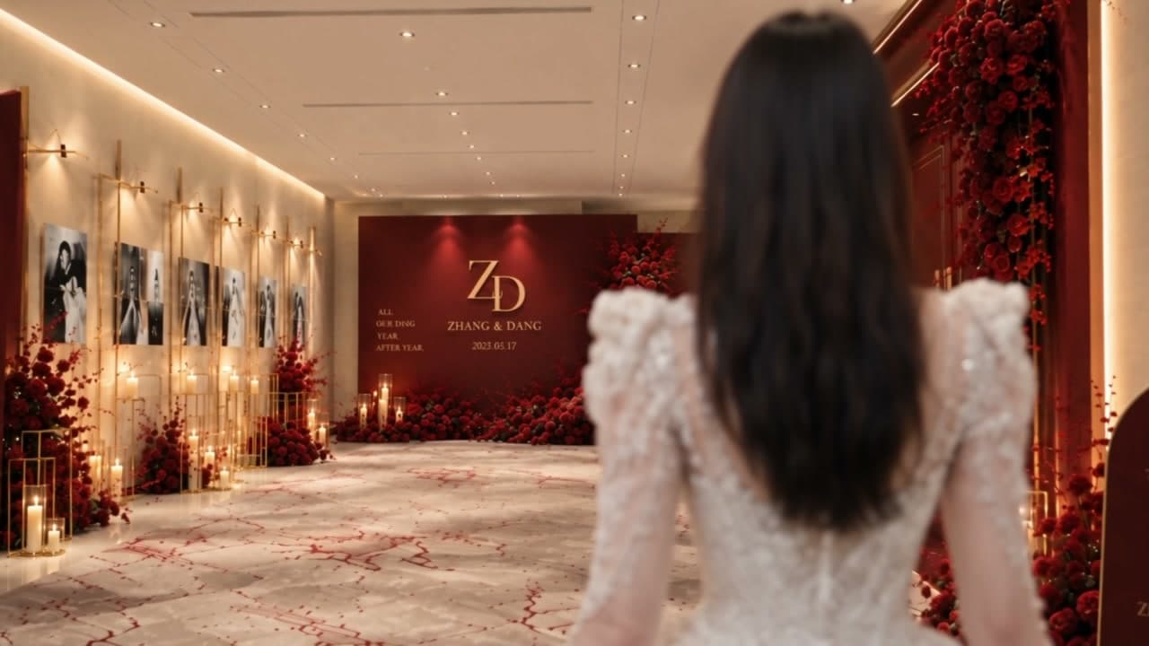 短片里还原的婚礼会场：暖金灯光、红色花艺与宴会厅大门